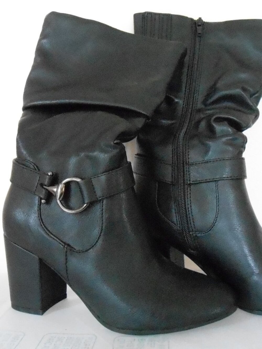 Women's Black Mid Calf Zip Up 3" High Block Heel Boots Silver Buckles Size-8-NEW